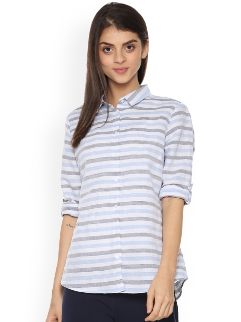 

Van Heusen Woman Blue & Grey Linen Regular Fit Striped Casual Shirt