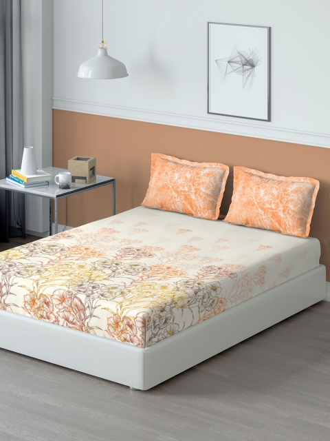 

DDecor Off-White & Orange Floral 140 TC Cotton 1 King Bedsheet with 2 Pillow Covers