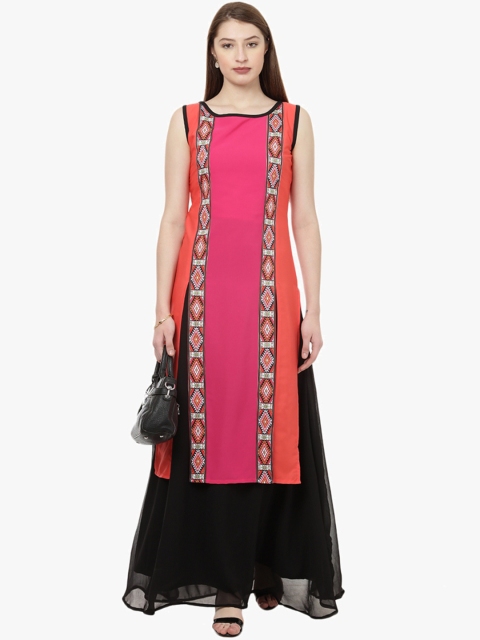 

ZIYAA Women Pink & Orange orColourblocked Straight Kurta