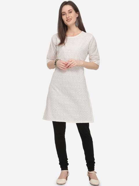 

mf Women White Embroidered Straight Kurta