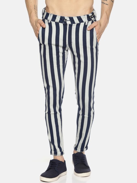 

KULTPRIT Men Blue & White Skinny Fit Striped Regular Trousers
