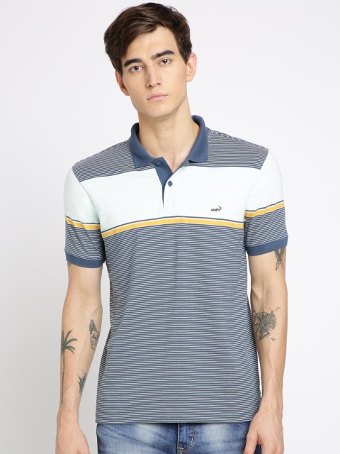 

Crocodile Men Blue & White BlueStriped Polo Collar T-shirt