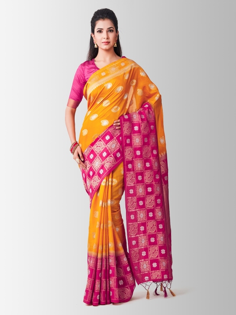 

MIMOSA Mustard Yellow & Pink Art Silk Woven Design Kanjeevaram Saree