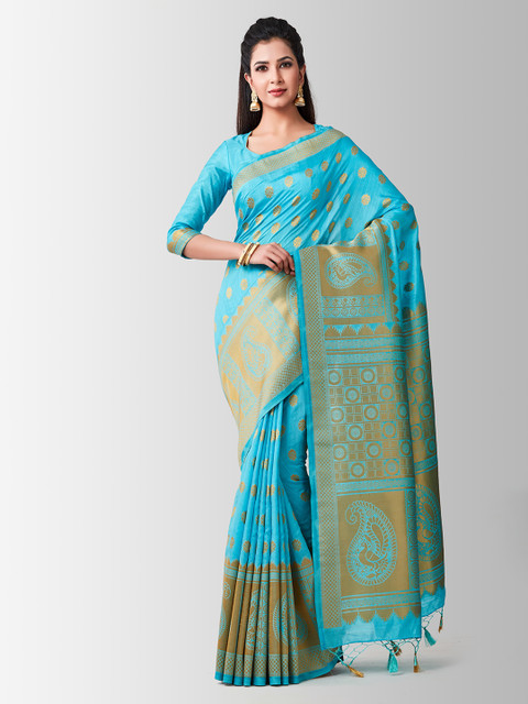 

MIMOSA Turquoise Blue & Gold-Toned Art Silk Woven Design Kanjeevaram Saree