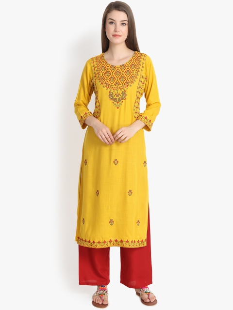 

Prakhya Women Yellow Embroidered Straight Kurta