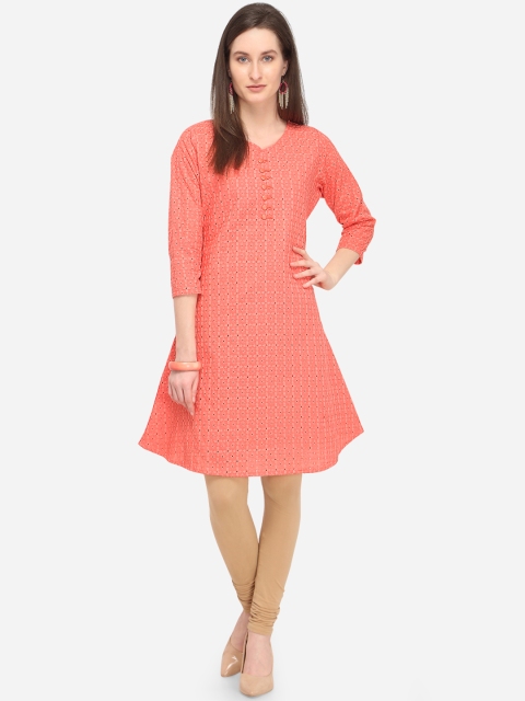 mf Women Peach-Coloured Embroidered A-Line Kurta