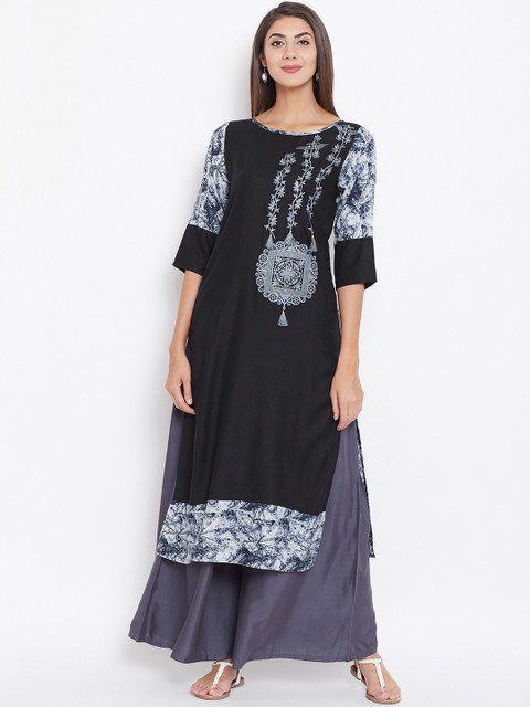 

rangeelo rajasthan Women Black Embroidered Straight Kurta