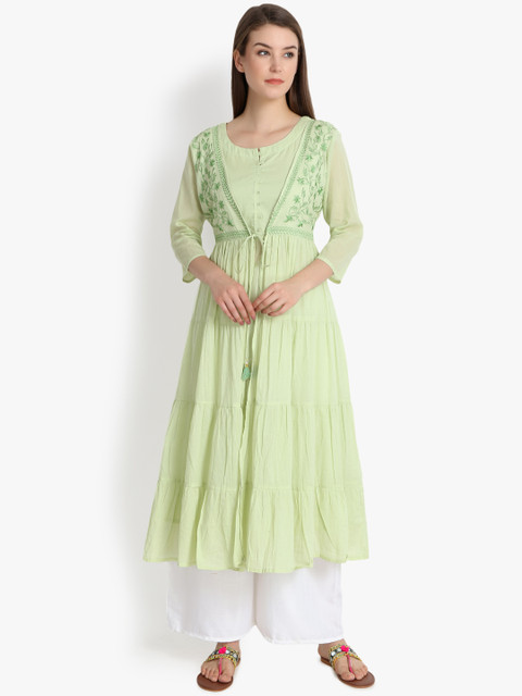 

Prakhya Women Green Embroidered A-Line Kurta