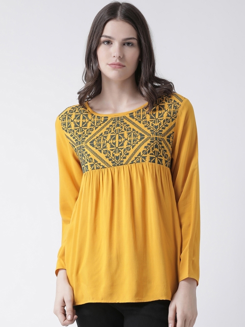 

The Vanca Women Mustard Yellow Printed Empire Top