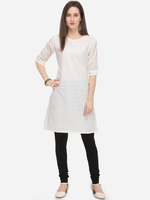 

mf Women White Woven Design Straight Kurta