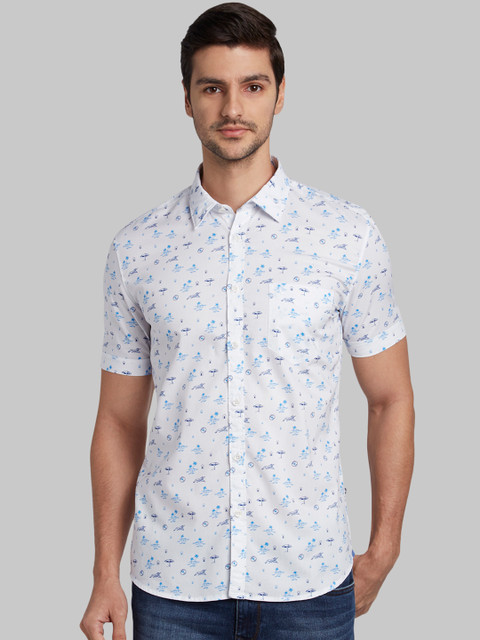

Parx Men Blue Slim Fit Printed Casual Shirt, Off white