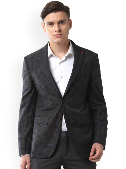 

Peter England Elite Men Grey Checked Slim-Fit Single-Breasted Blazer