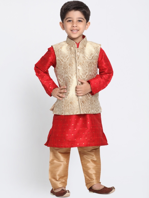 

VASTRAMAY Boys Maroon & Beige Self Design Kurta with Churidar & Jacket