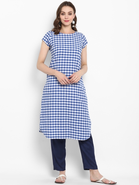 

MBE Women Blue & White Checked Straight Kurta