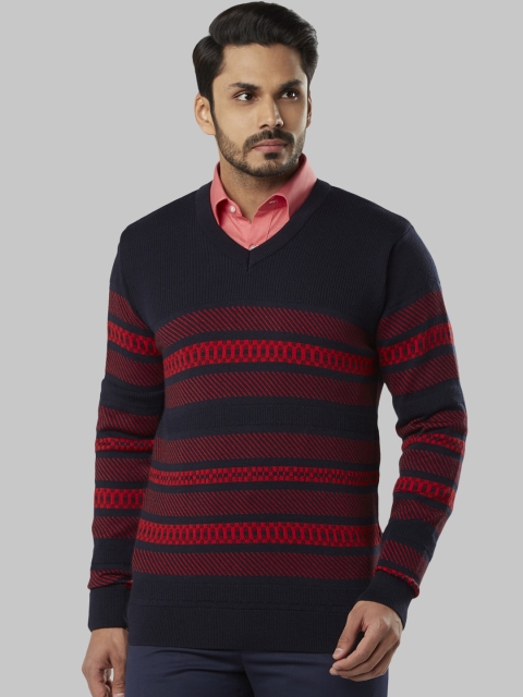 

Raymond Men Navy Blue & Red Striped Sweater