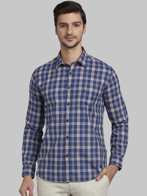 

Parx Men Blue & Brown Slim Fit Checked Casual Shirt