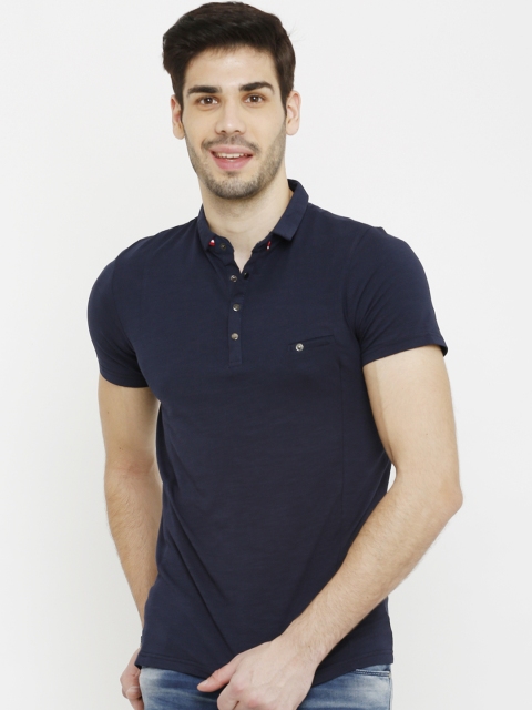 

Rex Straut Jeans Men Navy Blue Solid Polo Collar T-shirt