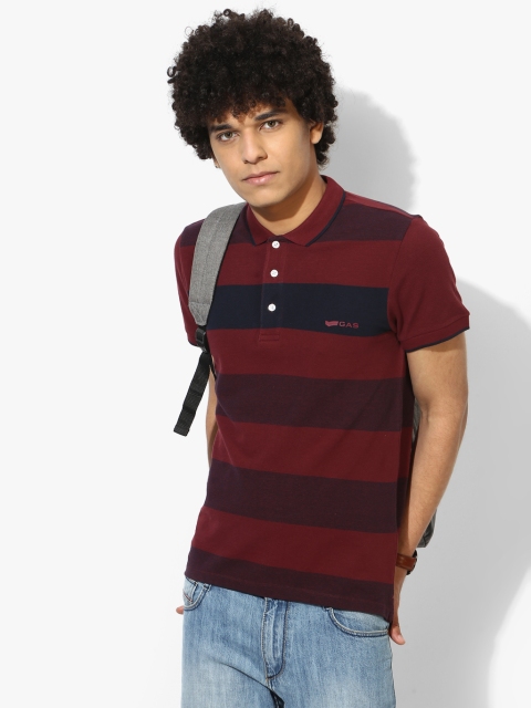 

GAS Men Maroon & Navy Striped Polo Collar T-shirt