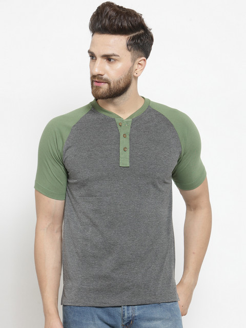 

Kalt Men Green & Grey Solid Henley Neck T-shirt