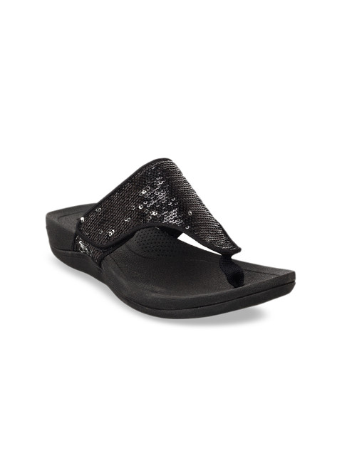 

Clarks Women Black Embellished Leather Open Toe Flats