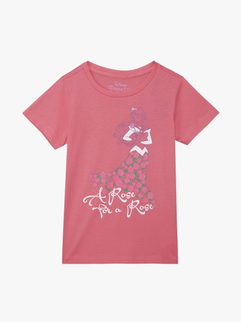 

Kids Ville Girls Yellow Disney Princess Printed Round Neck Half Sleeve T-shirt, Pink