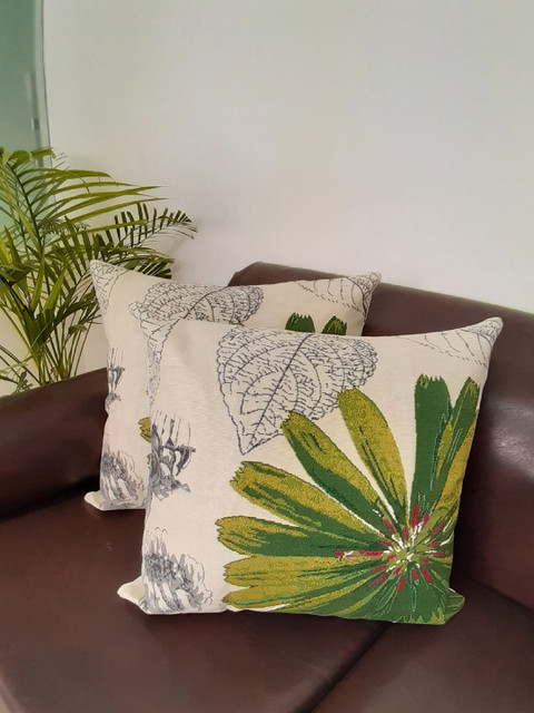 

Avira Home Cream-Coloured & Green Set of 2 Floral Square Cushion Covers