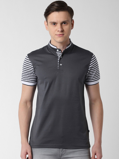

Peter England Casuals Men Grey Striped Mandarin Collar Pure Cotton T-shirt