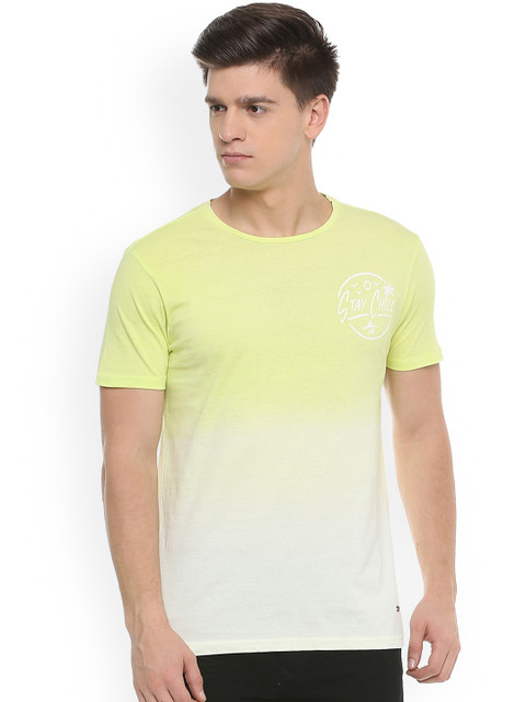 

People Men Lime Green Off-White Dyed Round Neck Pure Cotton T-shirt