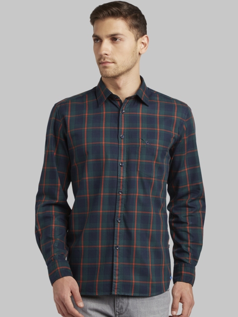 

Parx Men Navy Blue & Green Slim Fit Checked Casual Shirt