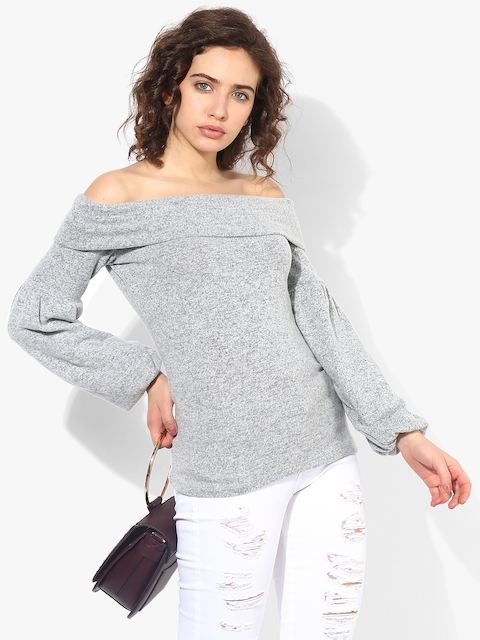 DOROTHY PERKINS Women Grey Melange Solid Off Shoulder Sweater