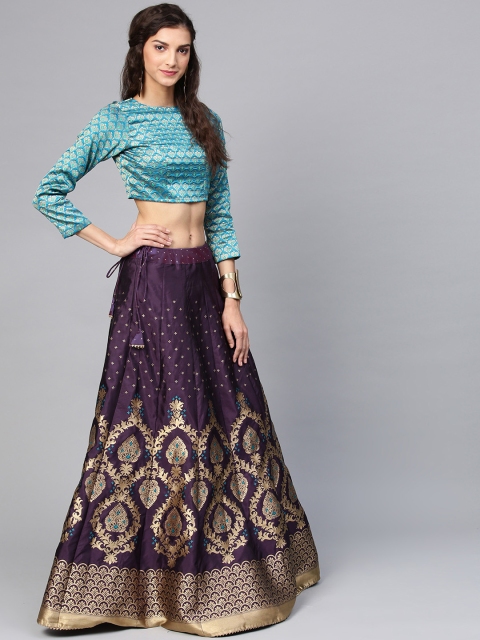 

Inddus Purple & Blue Embroidered Semi-Stitched Lehenga & Unstitched Blouse with Dupatta