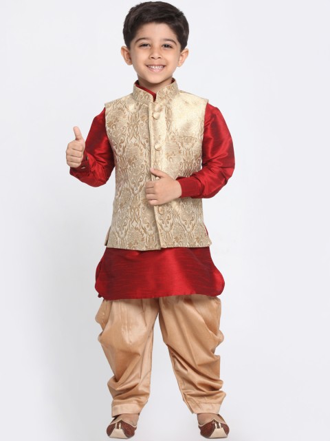 

VASTRAMAY Boys Maroon & Beige Solid Kurta with Dhoti Pants & Jacket