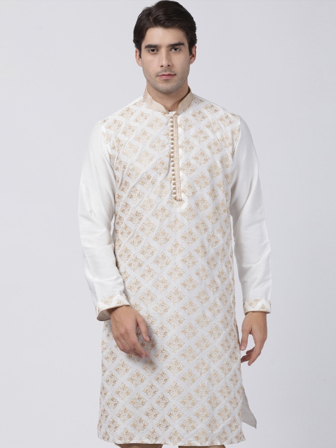 

VASTRAMAY Men Cream-Coloured & Gold-Toned Woven Design Straight Kurta