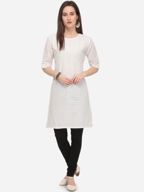 

mf Women White Embroidered Straight Kurta