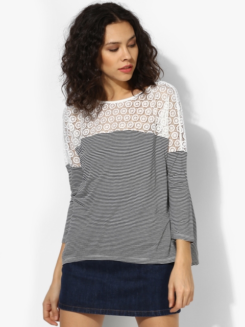 

Tom Tailor Women Navy Blue & White Striped Boxy Top With Lace Inserts