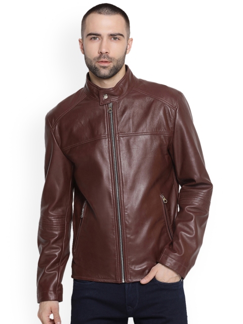 Justanned Men Burgundy Leather Solid Jacket