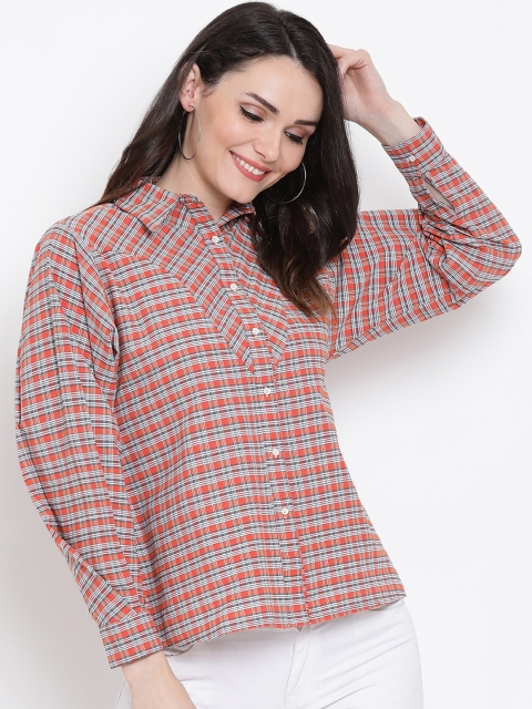 

FABNEST Women Peach-Coloured Checked Shirt Style Top