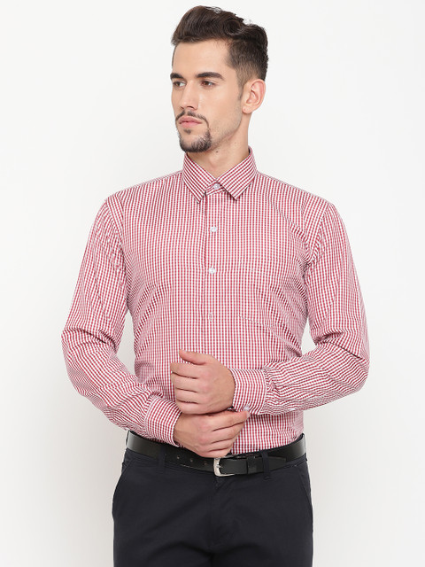 

English Navy Men Red & White Slim Fit Checked Formal Shirt