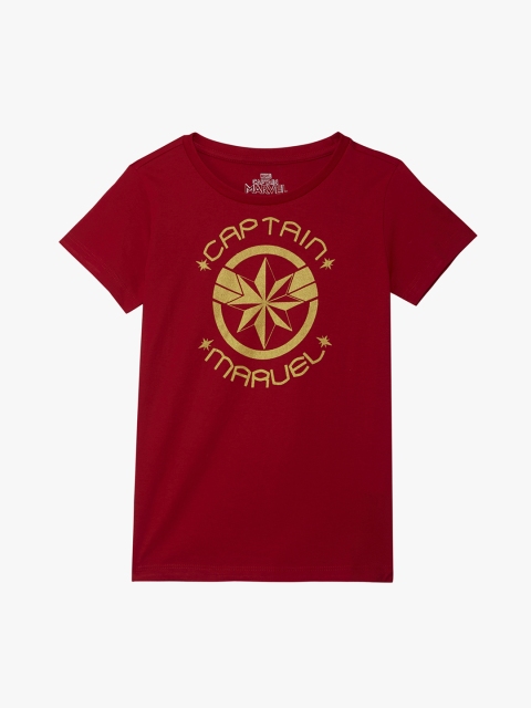 

Kids Ville Girls Sea Green Captain Marvel Printed Round Neck Half Sleeve T-shirt, Red