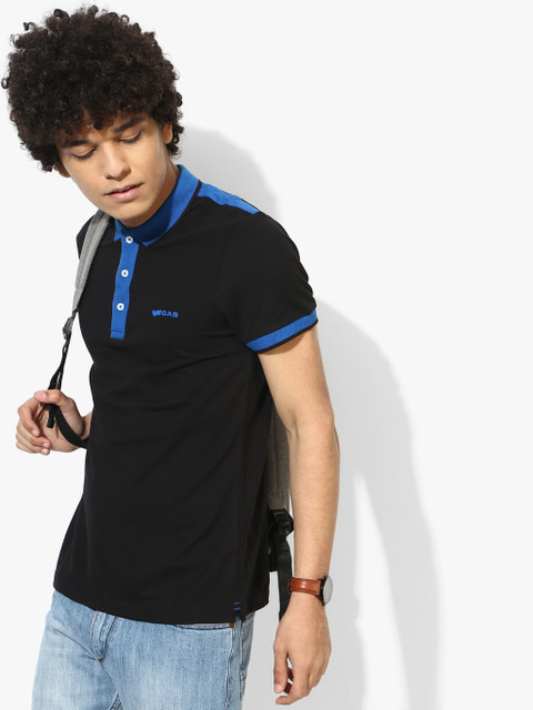 

GAS Men Black Solid Polo Collar T-shirt