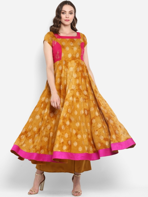

MBE Women Mustard Yellow & Pink Printed Anarkali Kurta