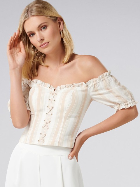 

Forever New Women White Striped Bardot Top