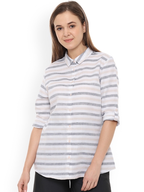 

Van Heusen Women Grey & Beige Linen Regular Fit Striped Casual Shirt
