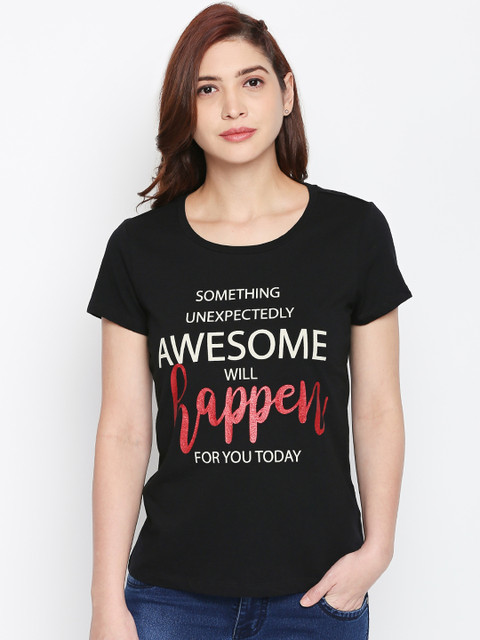 

Honey by Pantaloons Women Black Printed Round Neck T-shirt