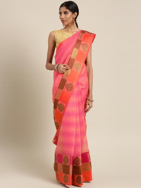 

Ishin Pink & Peach-Coloured Polycotton Striped Chanderi Saree