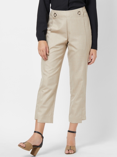 

Soie Women Beige Straight Fit Solid Formal Trousers