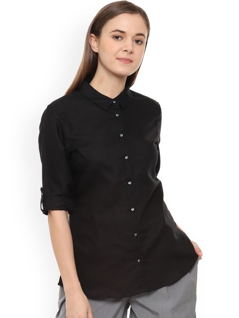 

Van Heusen Woman Women Black Regular Fit Solid Linen Casual Shirt