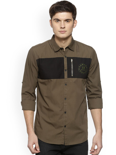 

Campus Sutra Men Olive Green & Black Regular Fit Colourblocked Casual Shirt