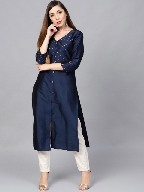 Varanga Women Navy Blue Embroidered Straight Silk Kurta