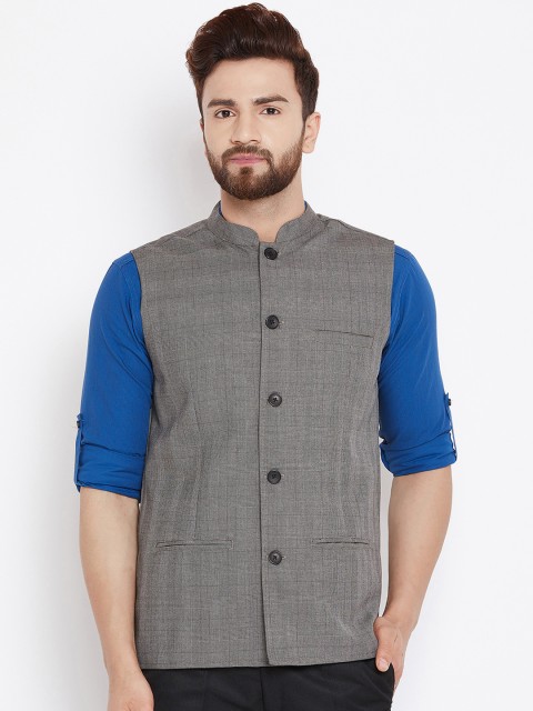 

even Men Grey Checked Nehru Jacket